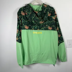 Sprints Sloth Print Windbreaker Jacket Green Half Zip Hooded Womens Large thumbnail 6