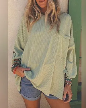 NEW Pale Green Ribbed Oversized Slouchy Roll Tab Sleeve Top Size Small thumbnail 1