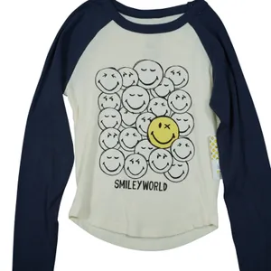 The‎ Vinyl Icons SmileyWorld Raglan Baseball Tee Navy Cream XS NWT Casual Lounge thumbnail 2
