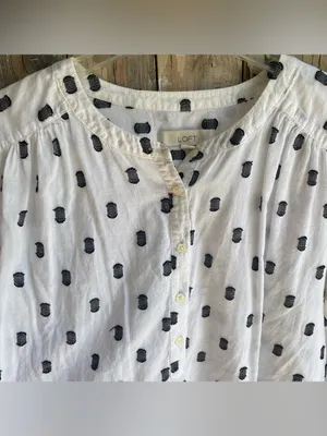 Loft white cotton lightweight mandarin collar tunic blouse black polka dot L thumbnail 6