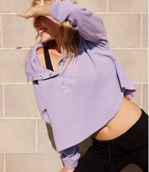Free People FP Movement So Fly Henley Snap Neck Ribbed Pullover Purple Medium thumbnail 1