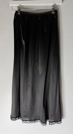 Vintage warners black nylon midi slip skirt lace trim‎ medium USA thumbnail 1