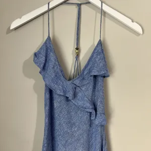 Zara Blue Linen Blend Ruffle Maxi Slip Dress Women's Small Sleeveless Leg Slit thumbnail 2