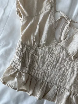 Cream Linen Blend Puff-Sleeve Cropped Peplum Top thumbnail 3