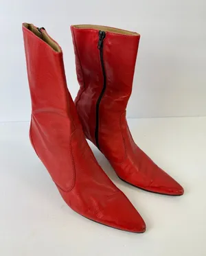 J Crew Y2K Red Pointed Toe Kitten Heel Boot Mid Calf Italian Leather Size US 8 thumbnail 1