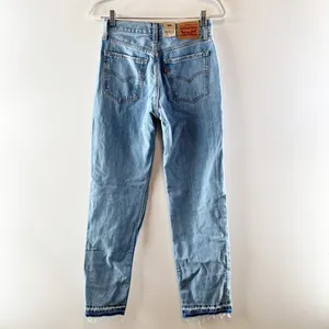 Levi's Low Pro Straight Leg Ripped Knees Released Raw Hem Jeans Blue 24 thumbnail 4