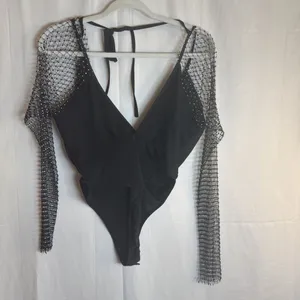 ENVME BLACK STRETCH RHINESTONE MESH BODYSUIT SNAP CROTCH Size Small NWT thumbnail 2