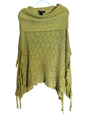 Ali Miles Off The Shoulder Sweater Women Large Green Chunky Fringe Boho Pullover thumbnail 1