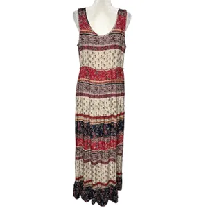 Beach Lunch Lounge Maxi Dress M Tiered Rust Tan Batik Sleeveless Hippie Boho thumbnail 7