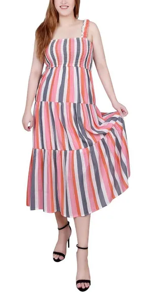 NWT Ny Collection Tiered Dress with Smocked Bodice Peach Pink Stripe Multi PXL thumbnail 1