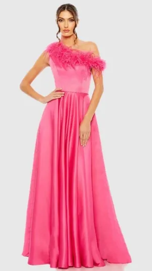 NWT Mac Duggal 11684 Hot Pink Satin Feather One Shoulder A-Line Gown Size 6 $598 thumbnail 1