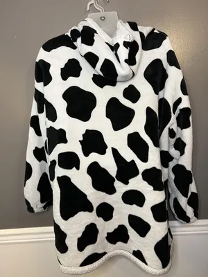 Cow Print Wearable Blanket Hoodie Womens Womens One Size Black White Sherpa Cozy thumbnail 1