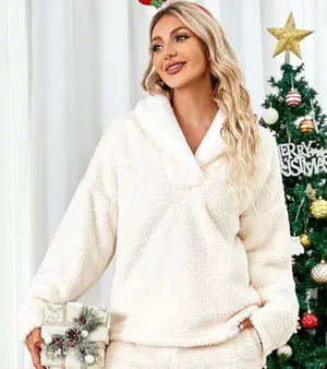 NWT Yeokou‎ Womens Cream Sherpa Fleece Pullover Sweatshirt Cozy Warm L thumbnail 1