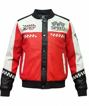 Red and White Racing Bomber Jacket with Checkered Details thumbnail 1