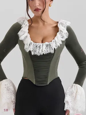 HOUSE OF CB JACINDA Forest Green Velvet Lace Trimmed Corset Top thumbnail 1