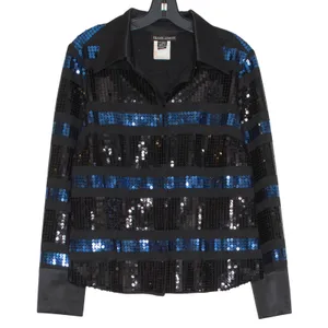 Frank Lyman Y2K Sequin Button Up Top Black Blue Stripe 14 Glam Disco Party Retro thumbnail 1