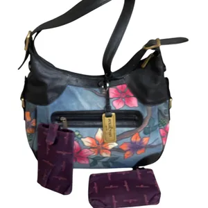 Anuschka Hand Painted Leather Hobo Bag Blue Tropical Bird Floral coin&cell case thumbnail 1