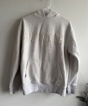 White Fox Oatmeal Heather Frayed Logo Fleece‎ Pullover Hoodie XS/S Womens thumbnail 1