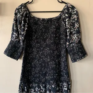 Zara Penny Ruched Black Floral Linen Blend Boho Puff Midi Dress Size Small thumbnail 4