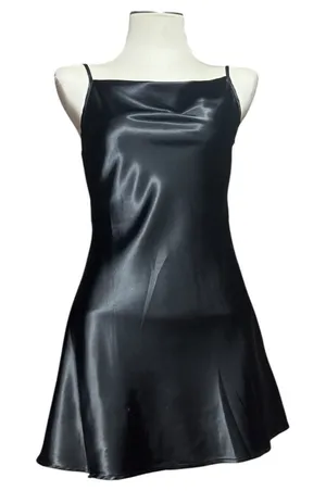 Cider Solid Satin Cowl Neck Cami Mini Dress Black Small thumbnail 1