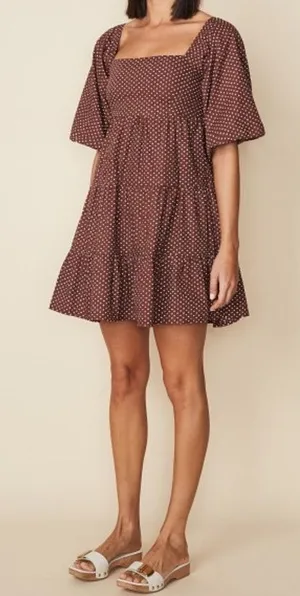Faithfull the Brand Eryn‎ Mini Dress Brown & White Polka Dot Puff Sleeve Sz 4 thumbnail 1