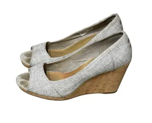 TOMS Women's Shoes Gray Fabric Stella Peep-Toe Wedges Size 9.5 thumbnail 1