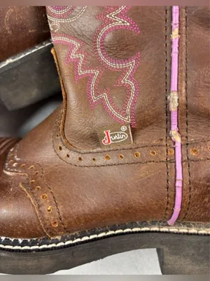 Justin Boots 7.5 Brown Leather Women's Western Heeled Boots with Pink Stitching thumbnail 4