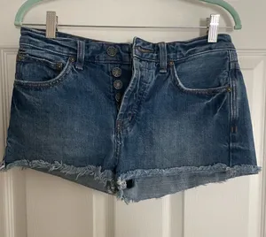 Free People Women's‎ Frayed Hem Mid-Rise Denim Shorts - Blue thumbnail 1