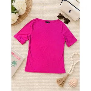 Lauren‎ Ralph Lauren Pink Boat Neck Elbow Sleeve Stretch Cotton Top Large thumbnail 8