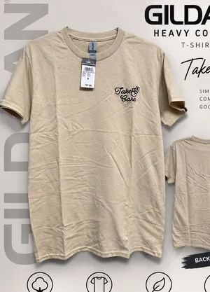 Gildan Heavy Cotton Take Care Embroidered T-Shirt Beige Tan Size S New With Tags thumbnail 1