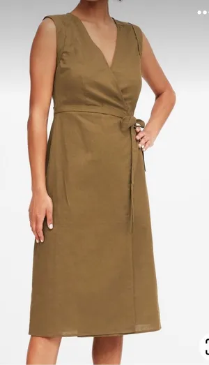 Banana Republic Linen Blend Olive Green Cap‎ Sleeve Wrap Dress thumbnail 1
