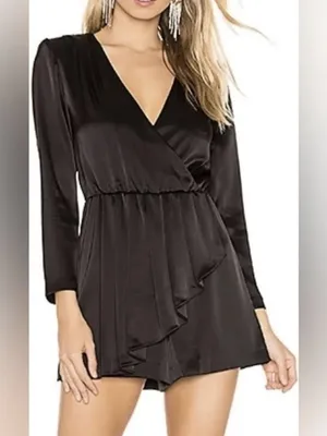 Alice + Olivia Demo Long Sleeve Satin Romper with Ruffle Detail thumbnail 2