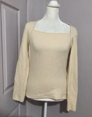 Anthropologie Square Neck Balloon Puff Sleeve Knit Sweater Cream M thumbnail 2
