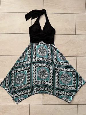 Dressbarn Size 6 Y2K Boho Halter Dress Teal Medallion Handkerchief Hem Ruched thumbnail 2