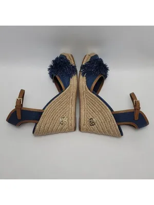 Tory Burch Wedge Espadrille Shaw Blue Denim Fringe Ankle Strap Sandals Size 8.5 thumbnail 11