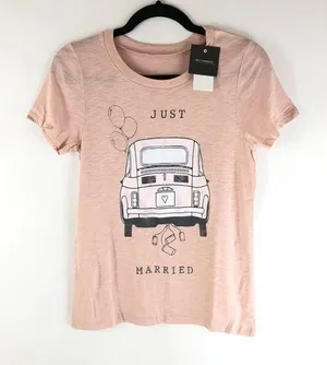 Grayson Threads Womens T Shirt Just Married Car Short Sleeve Pink M thumbnail 1