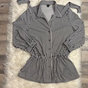 Ann Taylor striped stretch button front top blouse tie neck blouson sleeves S thumbnail 3