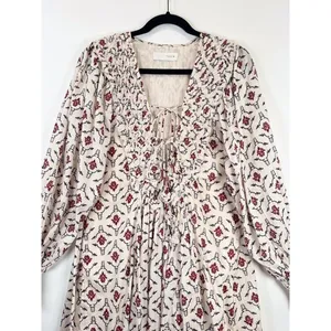 ZARA Mini Dress Beige Floral Puff Sleeve V Neck Lace Up Ruffle A Line Boho XS thumbnail 8