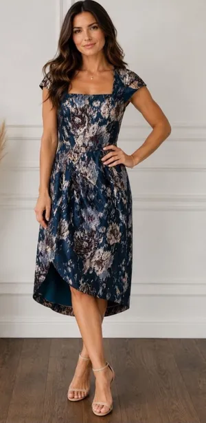 Kay Unger New York Teal Metallic Floral Brocade Tulip Cocktail Dress Size 0 thumbnail 1