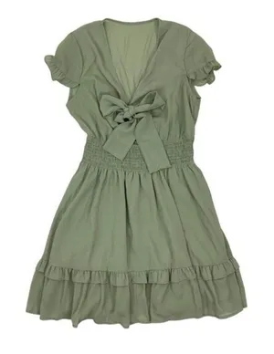 Women’s Ruffle Dress Large Green Short Sleeve‎ Front Tie thumbnail 1