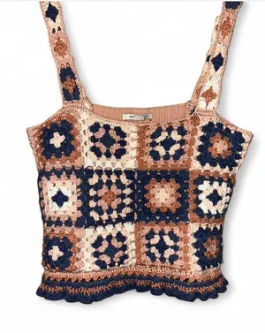 American Eagle Outfitters Crochet Square Tank - Navy, Cream & Brown thumbnail 1