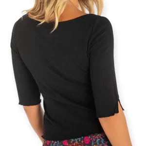 NWT Natural Life Leah Pointelle Top Size Large Black Lettuce Ruffle thumbnail 2