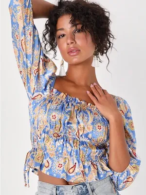 Lulus Staying Cute Blue Paisley Satin Ruffled Long Sleeve Top size Medium thumbnail 1