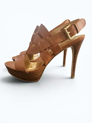 Marc Fisher Brown Leather Strappy Woven Platform Sandals Chunky Heel Sz 6.5 thumbnail 3