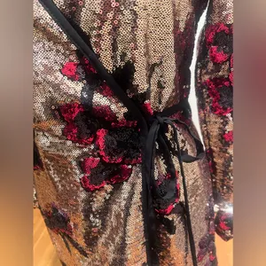 ZARA Gold with Red & Black Floral‎ Sequins Crossover Wrap Mini Dress Size XS thumbnail 11