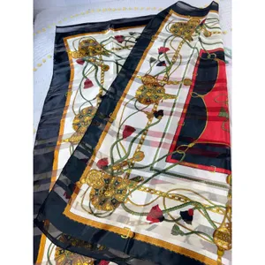 Vintage Equestrian Chain Print Square Scarf Red Black Gold‎ Tassel Sheer Stripe thumbnail 6