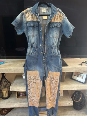 We The Free Blue Denim Short-Sleeve Jumpsuit with Tan Bandana Panels thumbnail 3