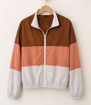SHEIN Colorblock Windbreaker Jacket Camel Peach Ivory Zip Front Size Large thumbnail 1
