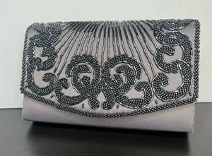 Y2K Beaded Clutch Handbag Gray Purple Evening Formalwear Purse La Regale Classic thumbnail 1