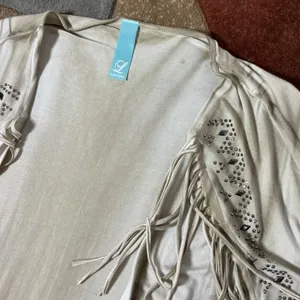 Lawman Western Boho Fringe Cardigan Women XL Khaki Rhinestone Ombre Open Front thumbnail 3